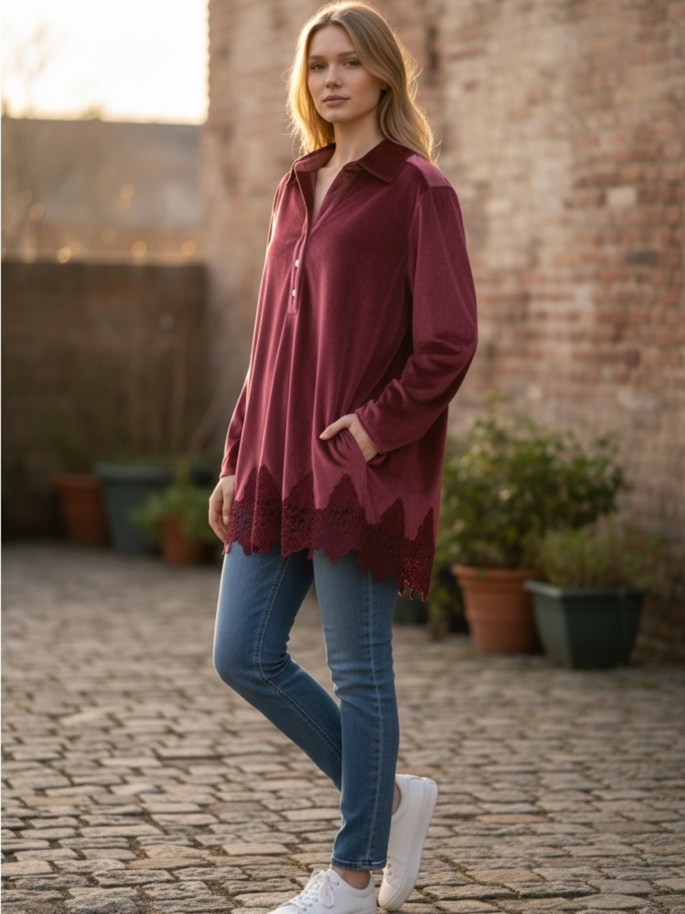 Ruby Rd. Velvet Burgundy Blouse with Lace Hem